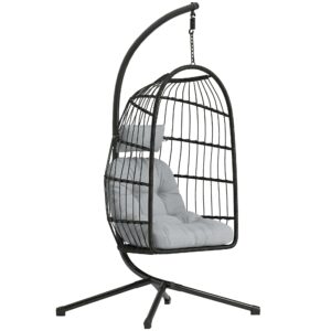 Hængestol med stel, foldbar hængekurv i polyrattan med hynde, sikkerhedssele, nakkestøtte, justerbare stropper