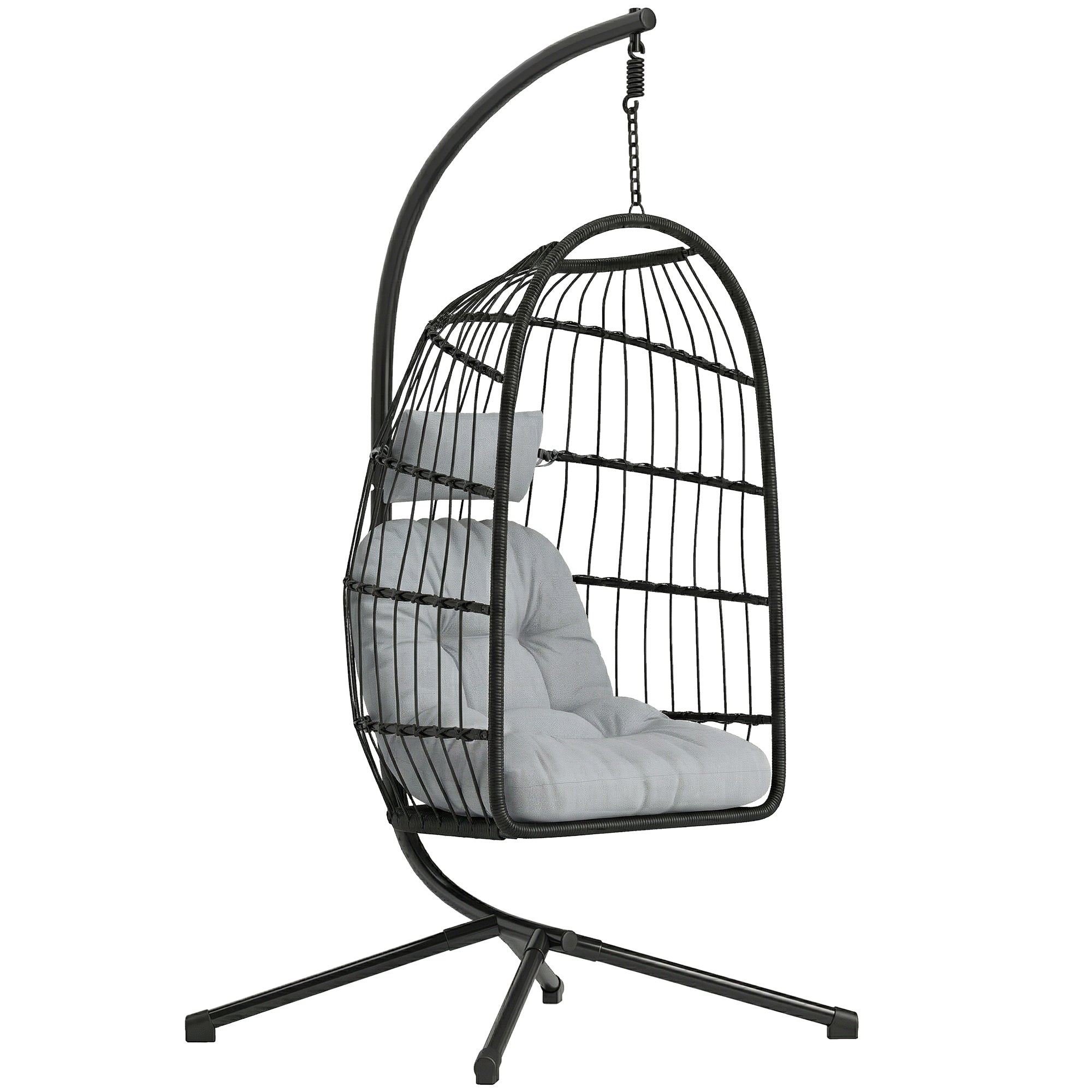 Hængestol med stel, foldbar hængekurv i polyrattan med hynde, sikkerhedssele, nakkestøtte, justerbare stropper